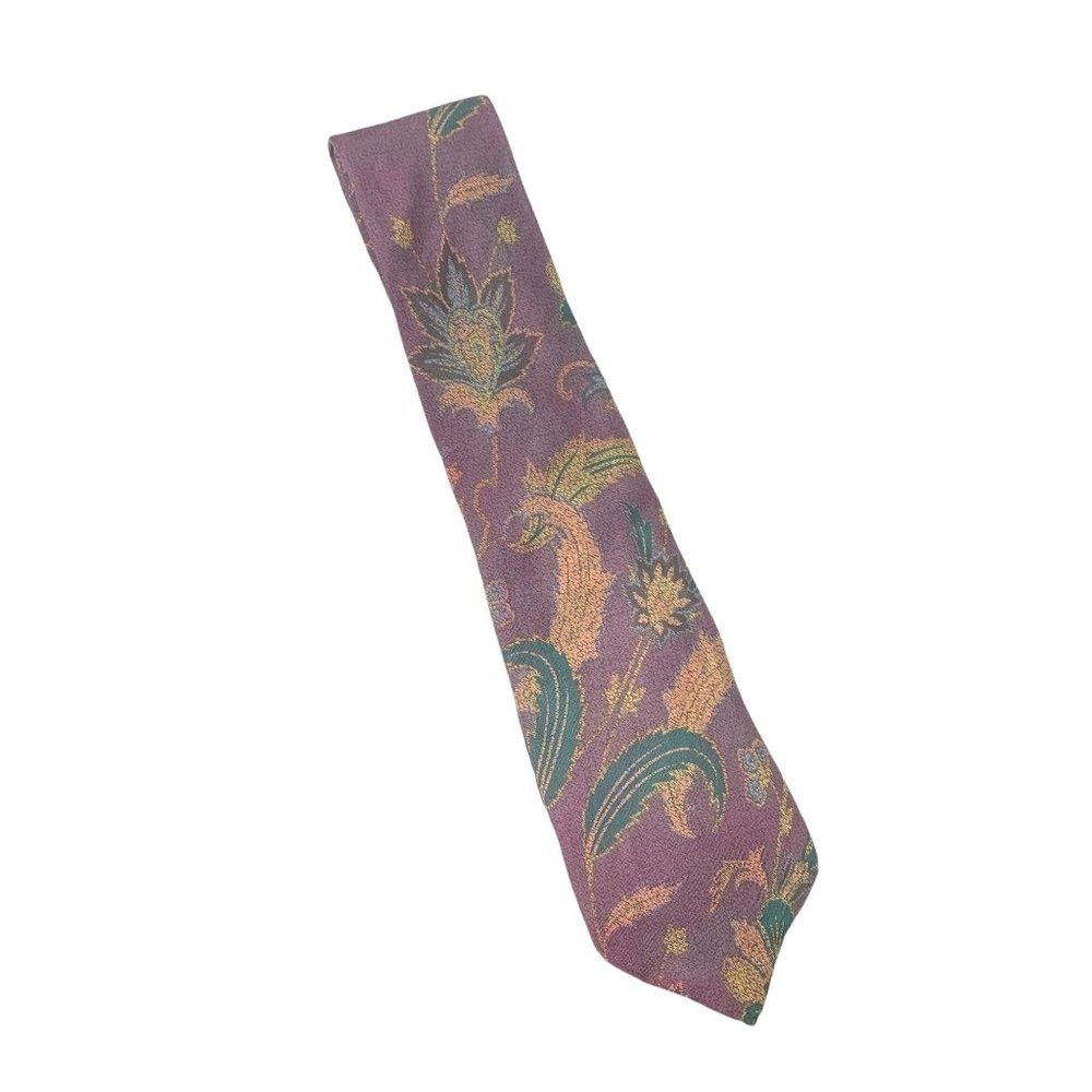 Vintage 90s Liberty of London Purple Feather Print Silk Tie